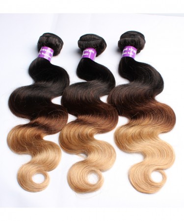 Peruvian Body Wave Ombre Hair Bundles T1B/4/27 3 Tone Non Remy Hair Weaves Machine Double Weft 3Bundle 