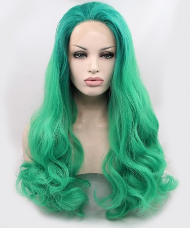 Light Green Color Long Wavy Synthetic Wig 