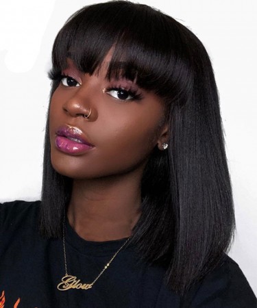Msbuy Straight 360 Lace Frontal Wig With Bangs Pre Plucked With Baby Hair 150% Lace Bob Human Hair Wigs For Black Women 
