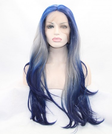 Blue/White Ombre Long Wavy Synthetic Wig 