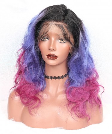 Luxury Natural Wave 1B/Purple/Pink Ombre Color 13x6 Lace Front Human Hair Wigs 180% Density