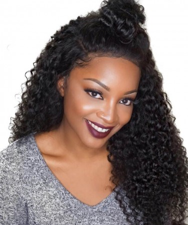 130% Density 18inch Kinky Curly Glueless Lace Front Human Hair Wig With Baby Hair Natural Black Medium Cap 