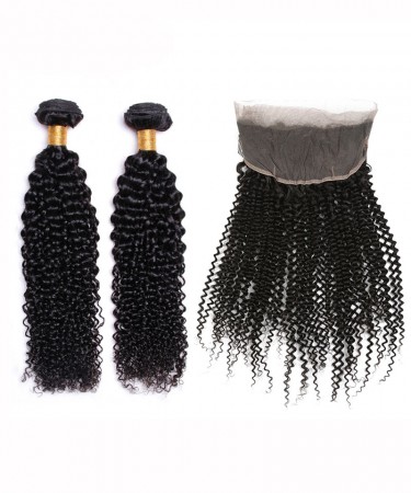 Brazilian Virgin Hair Kinky Curly 360 Lace Frontal With 2 Bundles