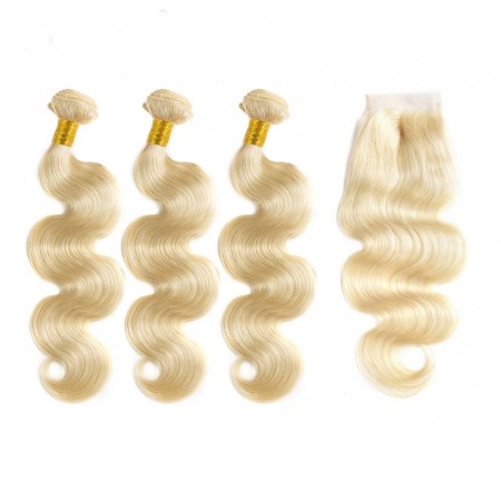 Brazilian Body Wave Lace Closure with 3 Bundles Natural Color 100% Human Hair #613 Color