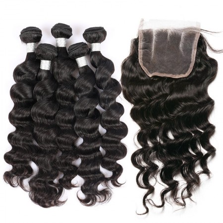 Lace Closure with 3 Bundles Loose Wave Brazilian Virgin Hair Free Shipping