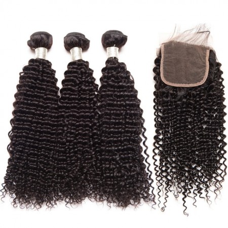 Brazilian Kinky Curly Virgin Human Hair Weave With Closure 100% Human Hair Lace Closure with 3 Bundles 