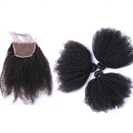 4x4 Afro Kinky Curly Lace Closure with 3 Bundles Free Part 100% Human Hair Extension