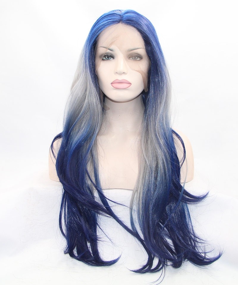 Blue/White Ombre Long Wavy Synthetic Wig