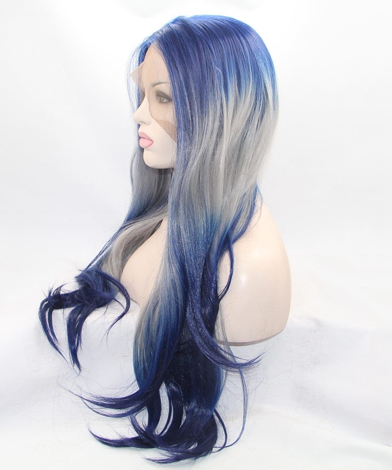 Blue/White Ombre Long Wavy Synthetic Wig - Msbuy.com