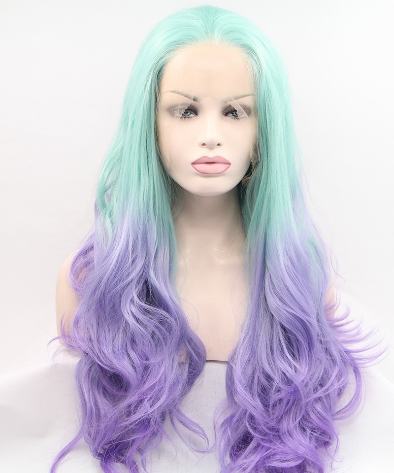 Bright Blue and Purple Ombre Long Wavy Synthetic Wig - Msbuy.com