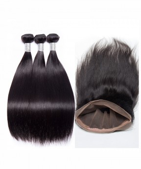 Brazilian Virgin Hair Straight 360 Lace Frontal Closure With 3 Bundles