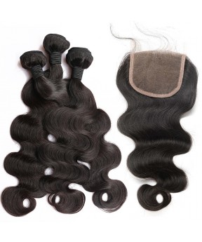 Brazilian Body Wave Lace Closure with 3 Bundles Natural Color 100% Human Hair