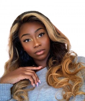 MSbuy Honey Blonde Ombre Wavy Lace Front Human Hair Wigs Pre Plucked With Baby