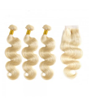 Brazilian Body Wave Lace Closure with 3 Bundles Natural Color 100% Human Hair #613 Color
