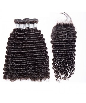 Brazilian Deep Curly Lace Closure with 3 Bundles Human Hair Free Part Natural Color