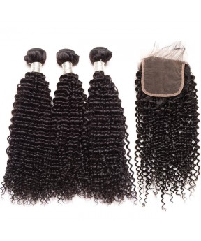 Brazilian Kinky Curly Virgin Human Hair Weave With Closure 100% Human Hair Lace Closure with 3 Bundles