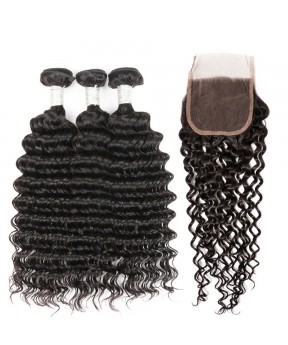 4x4 Lace Closure with 3 Bundles Free Part Brazilian Hair 100% Human Hair Deep Wave