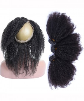 Pre Plucked Afro Kinky Curly 360 Lace Frontal Closure With 2 Bundles