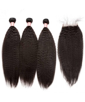 Kinky Straight Hair 4x4 Lace Closure with 3 Bundles 100% Human Hair Natural Color
