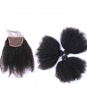4x4 Afro Kinky Curly Lace Closure with 3 Bundles Free Part 100% Human Hair Extension