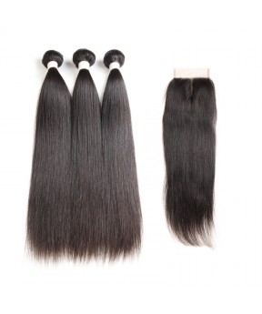 Brazilian Straight Hair Closure with 3 Bundles Natural Color 100% Human Hair