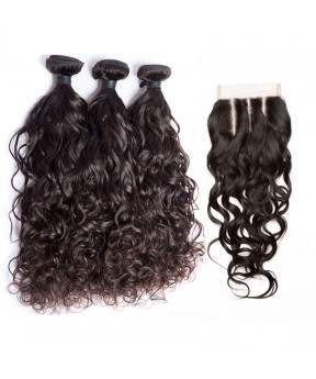 Water Wave Lace Closure with 3 Bundles Free Part Remy Human Hair Free Shipping