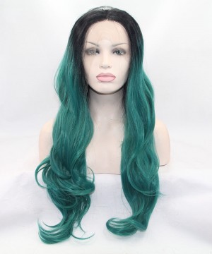 Long Wavy 1B/Green Ombre Synthetic Wig