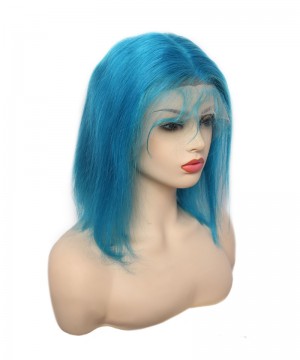 Colorful Invisible Lace Human Hair Straight Bob Wigs Bright Blue Lace Front Wigs For Black Women 
